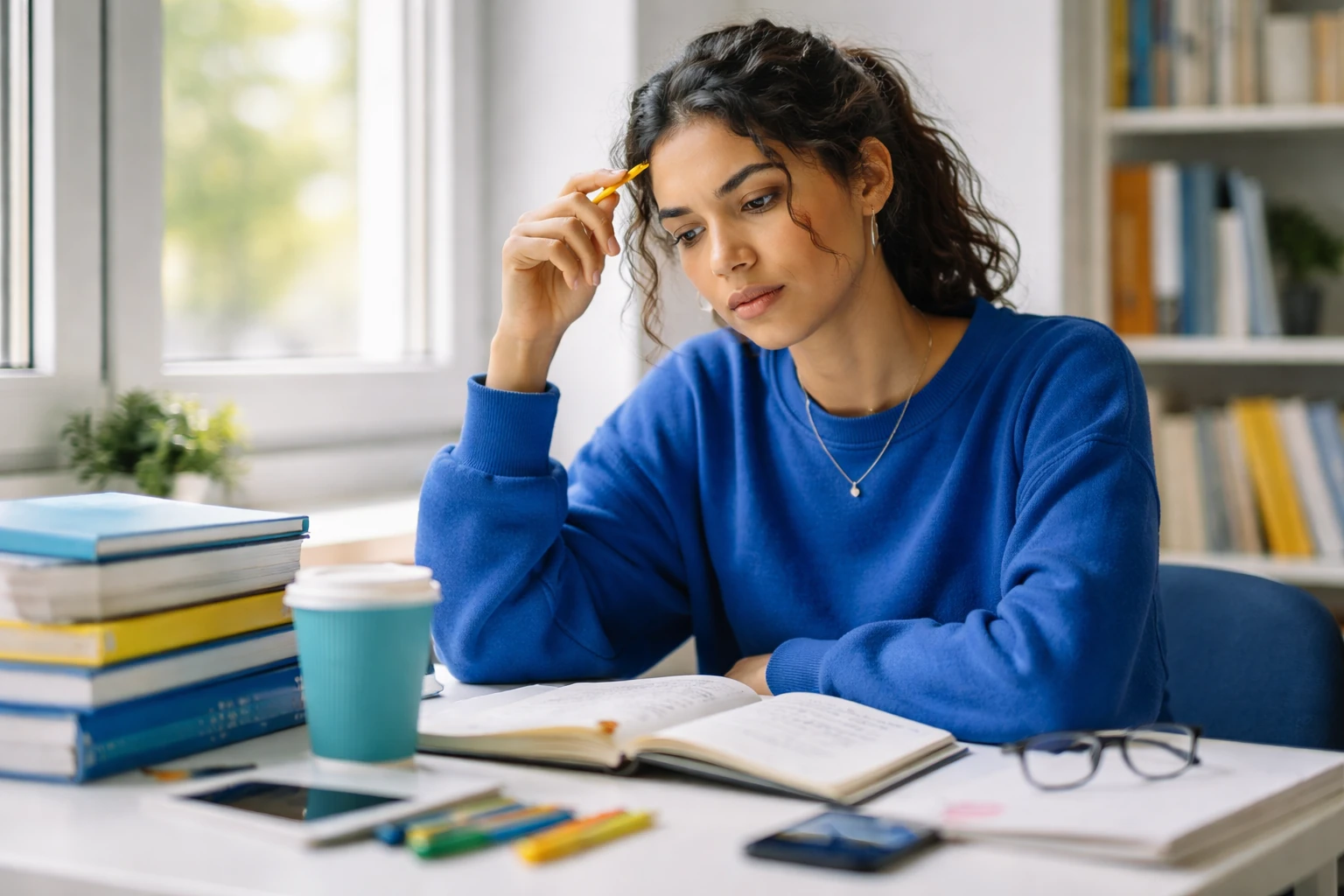 Studentin am Schreibtisch formuliert den ersten Satz ihrer Bachelorarbeit