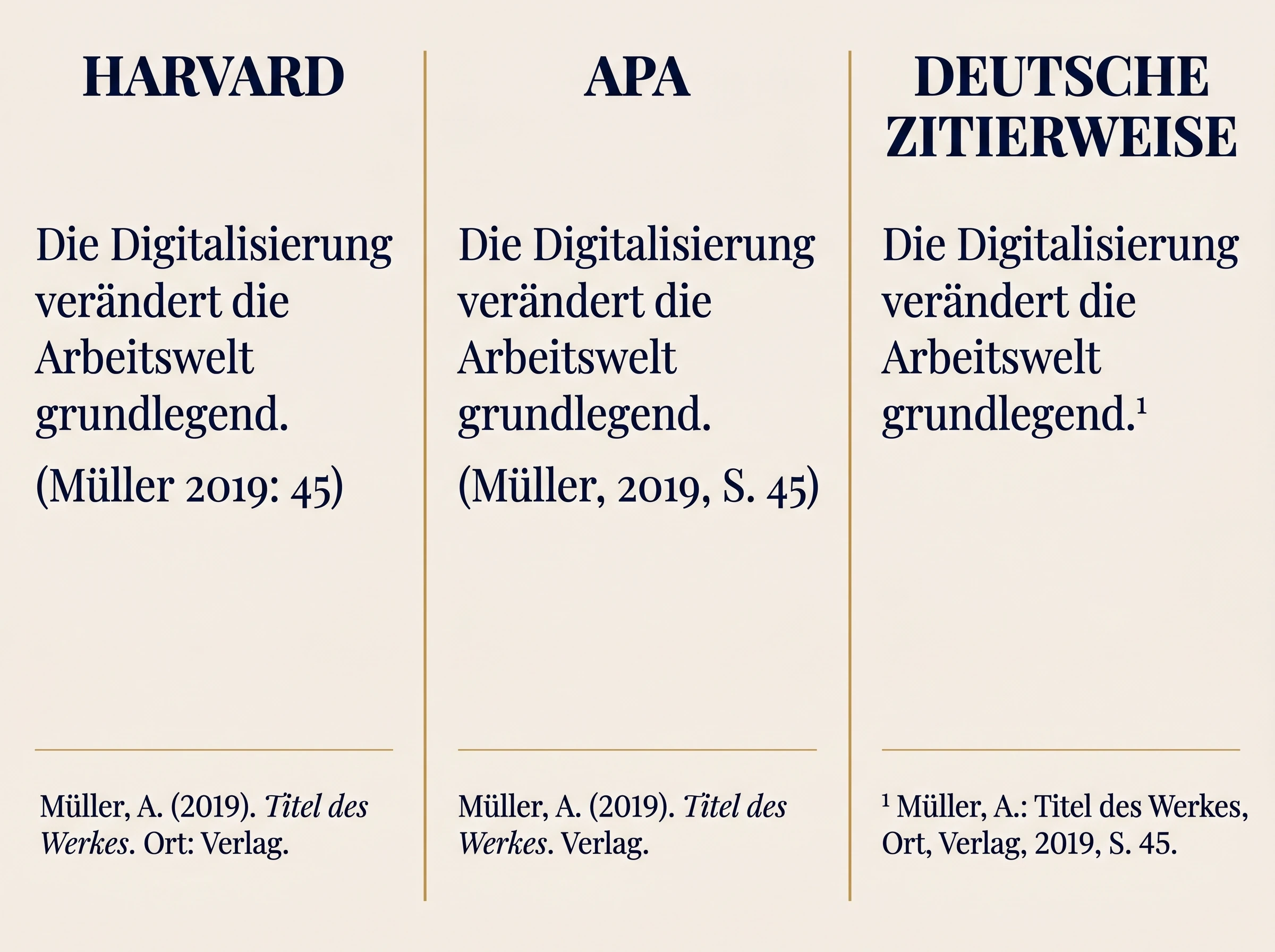 Vergleich der drei Zitierstile Harvard, APA und Deutsche Zitierweise anhand desselben Beispielsatzes: Harvard nutzt (M\u00FCller 2019: 45), APA (M\u00FCller, 2019, S. 45), Deutsche Zitierweise eine Fu\u00DFnoten-Hochzahl