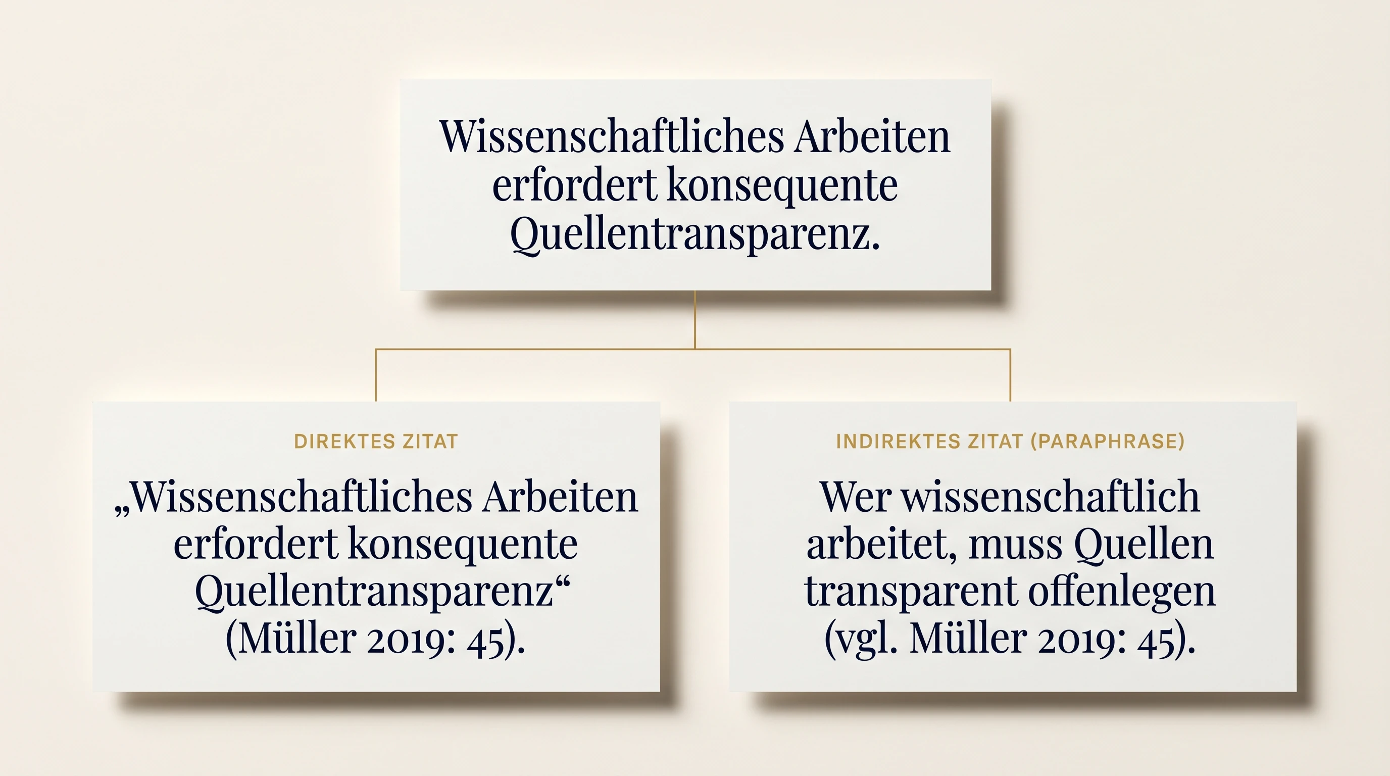 Direktes vs. indirektes Zitat nach Harvard: Derselbe Originalsatz wird links direkt zitiert mit Anf\u00FChrungszeichen und (M\u00FCller 2019: 45), rechts paraphrasiert mit (vgl. M\u00FCller 2019: 45)