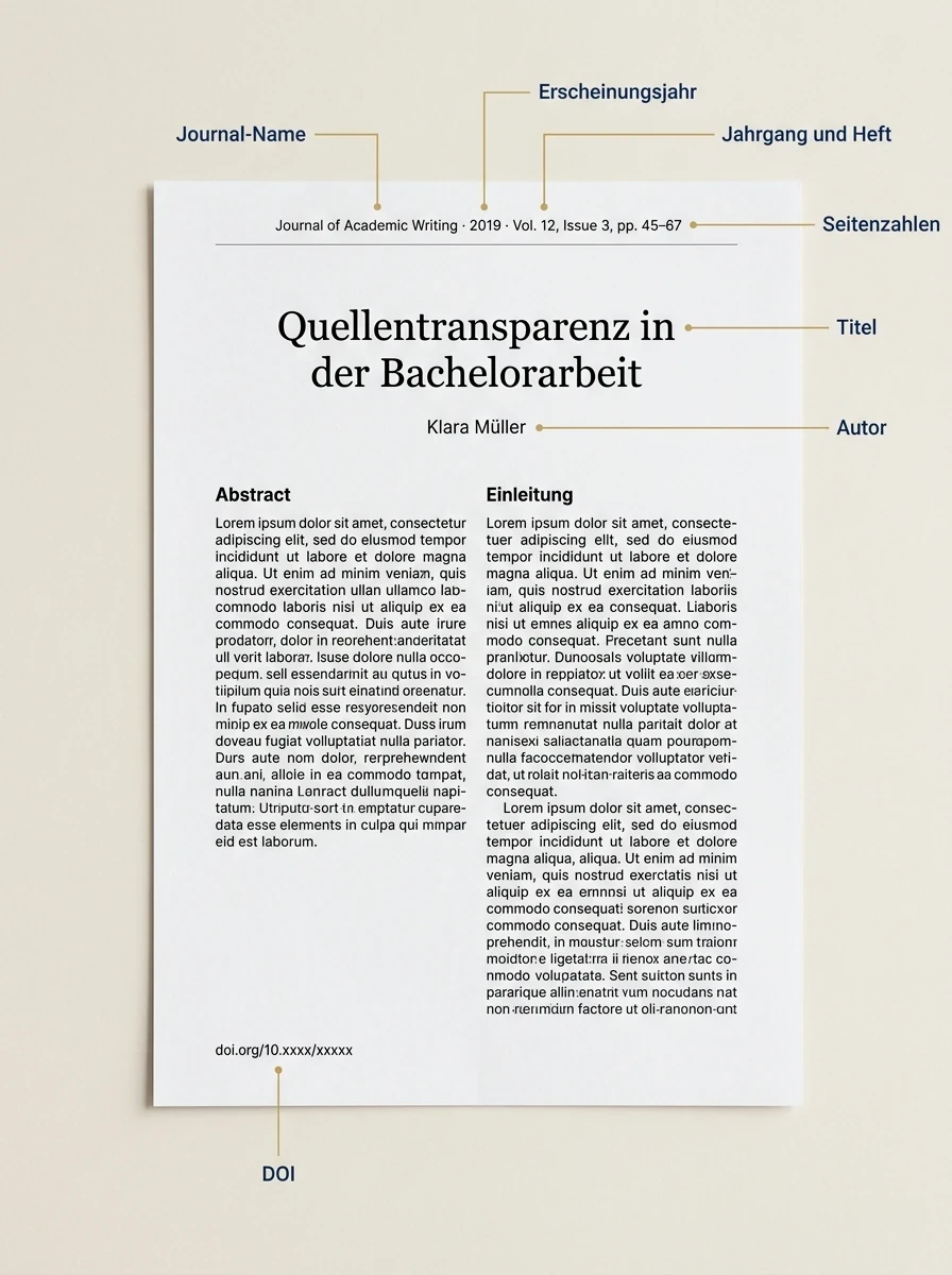 Zitier-Metadaten in einem wissenschaftlichen Journal-Artikel: Autor, Erscheinungsjahr, Artikeltitel, Journal-Name, Jahrgang und Heft, Seitenzahlen sowie DOI sind mit goldenen Call-out-Linien auf der ersten Artikelseite markiert
