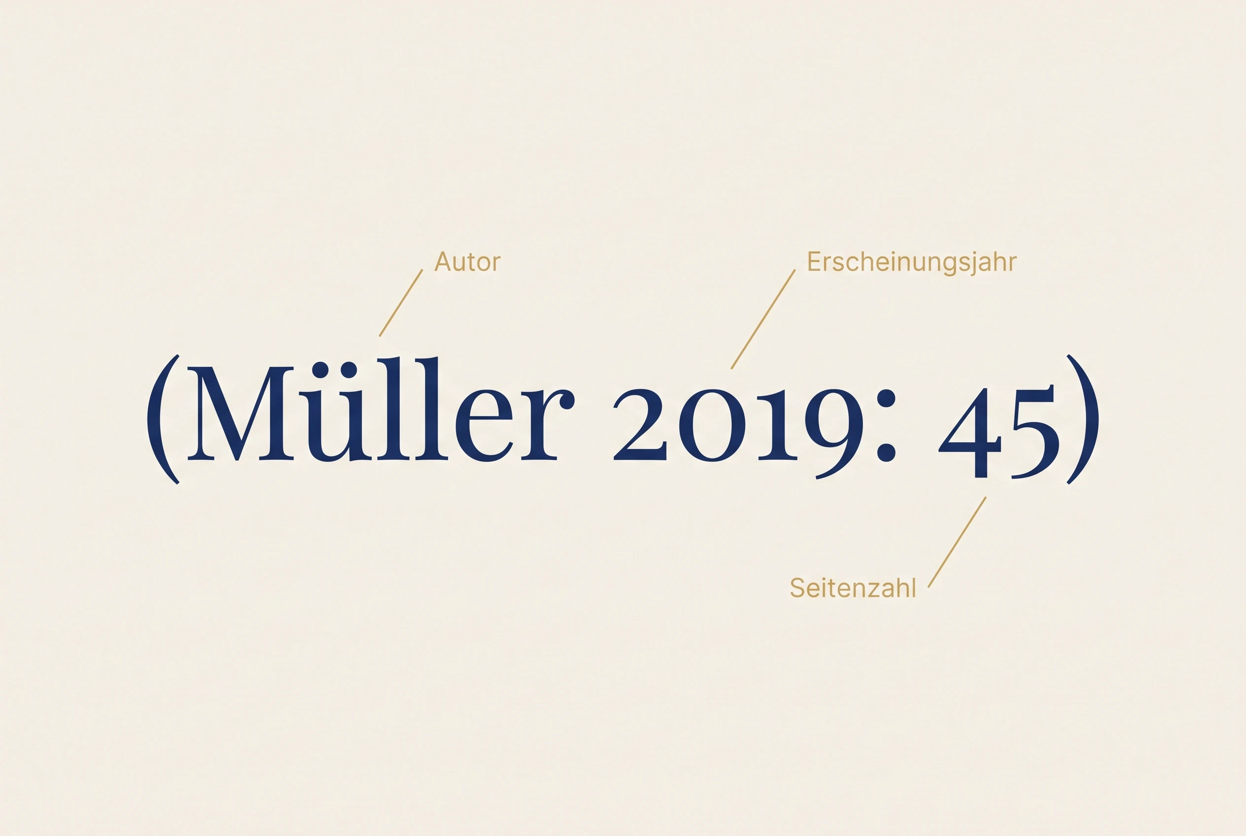 Anatomie eines Harvard-Kurzbelegs: (M\u00FCller 2019: 45) mit beschrifteten Call-outs zu Autor, Erscheinungsjahr und Seitenzahl