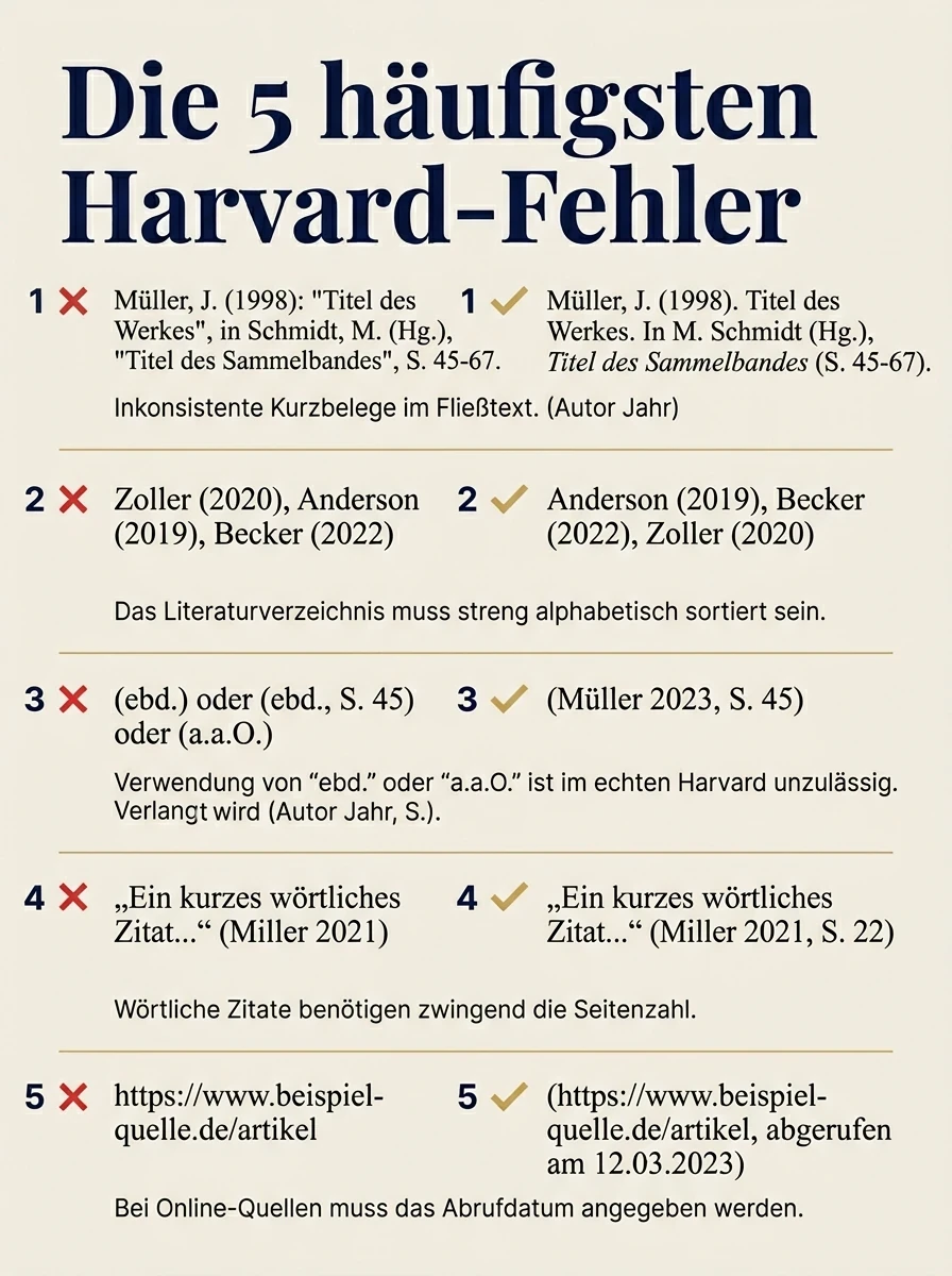 Die f\u00FCnf h\u00E4ufigsten Harvard-Zitierfehler als Falsch-Richtig-Vergleich: wechselndes Kurzbeleg-Format, nicht-alphabetisches Literaturverzeichnis, Verwendung von ebd. oder a.a.O., fehlende Seitenzahl beim direkten Zitat, URL ohne Zugriffsdatum