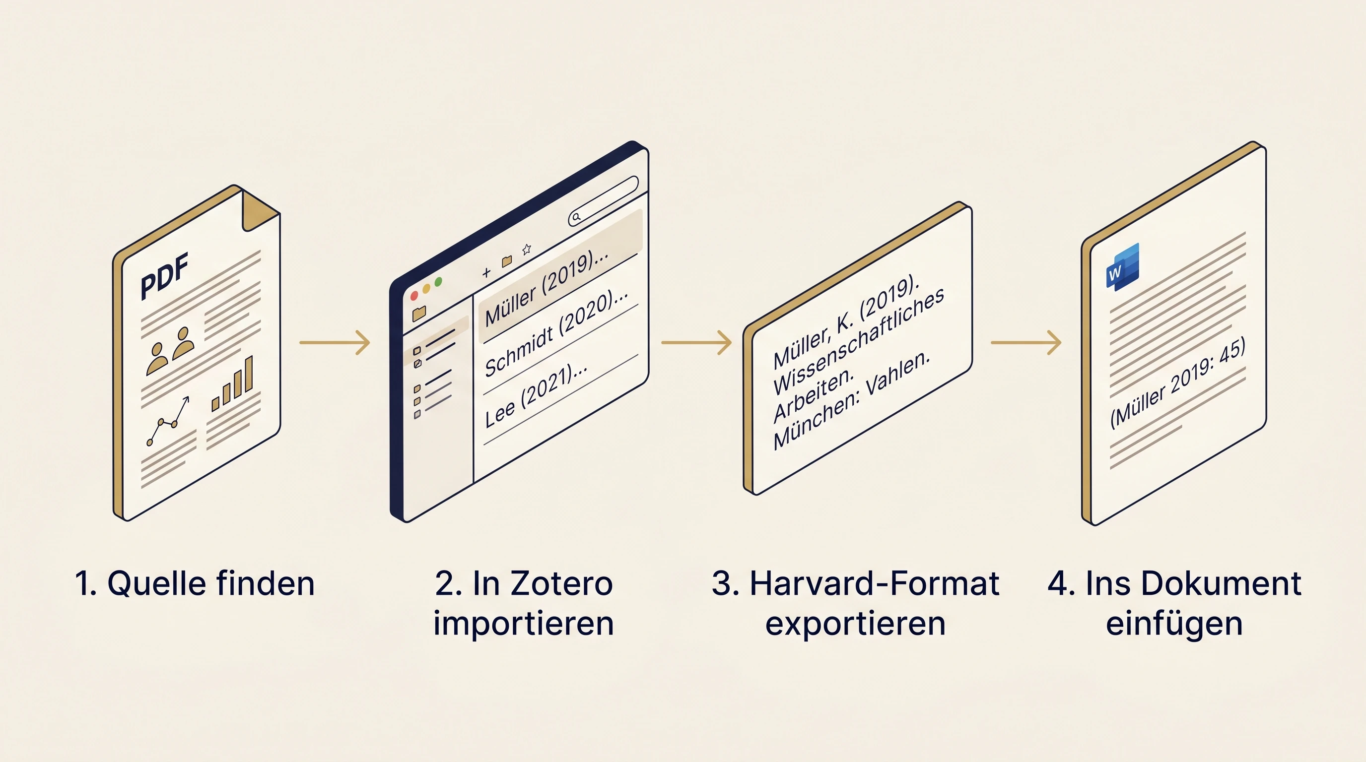 Vier-Schritte-Workflow zur Quellenverwaltung nach Harvard: (1) PDF oder Webseite als Quelle finden, (2) in Zotero importieren, (3) Harvard-Format exportieren, (4) Kurzbeleg im Word-Dokument einf\u00FCgen