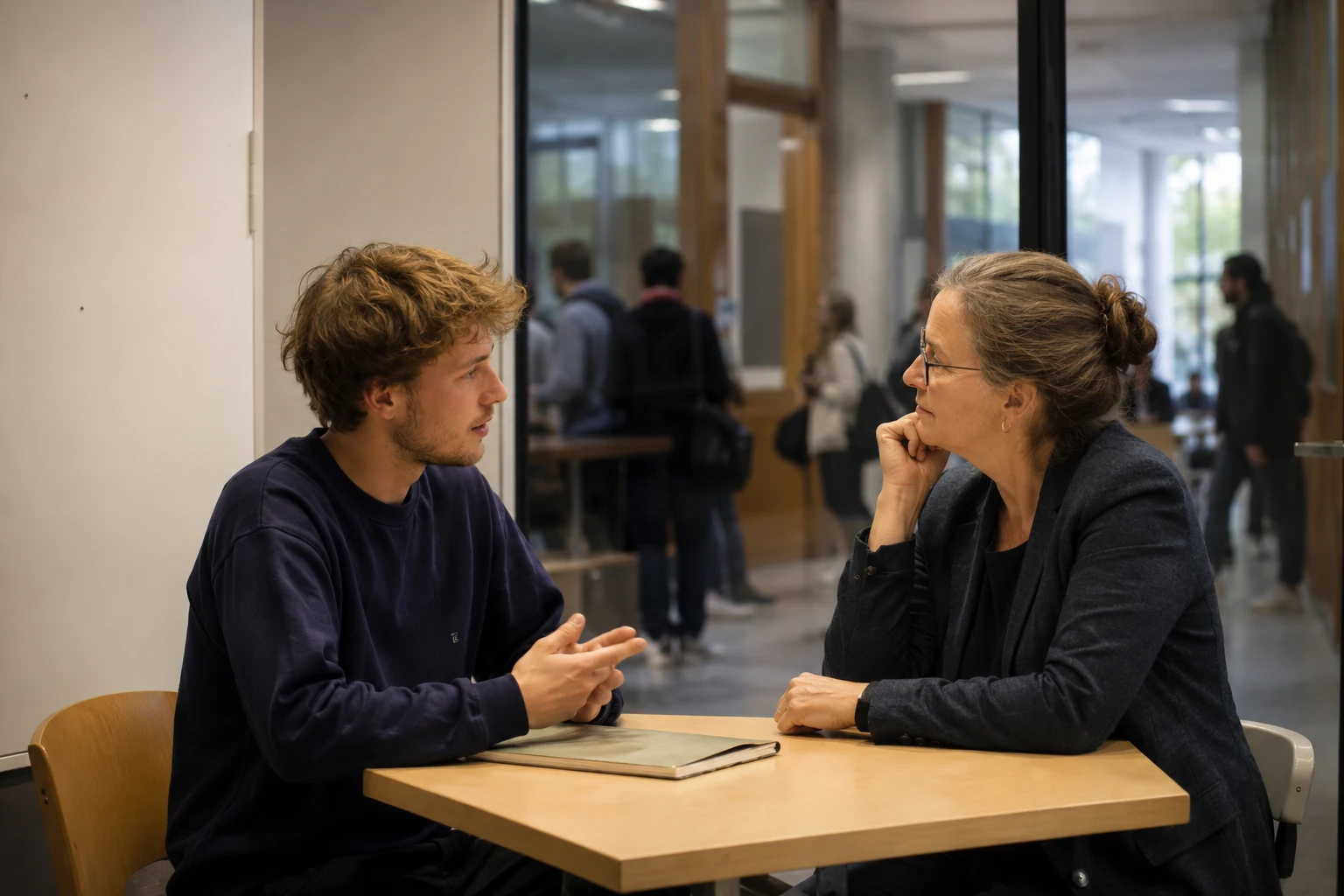 Ein Student erklärt im Gespräch mit einer Dozentin sein Vorgehen, während sie ihm aufmerksam zuhört.