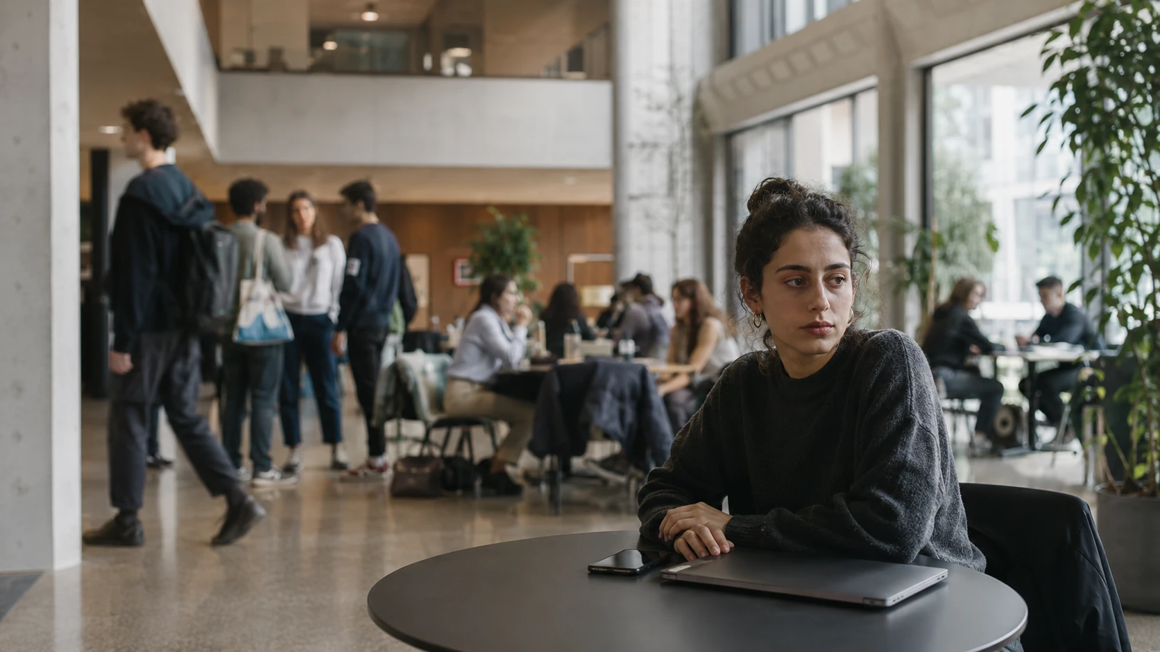 Studentin sitzt nachdenklich mit geschlossenem Laptop an einem Tisch in einem Hochschulgebäude, während im Hintergrund andere Studierende zusammensitzen.