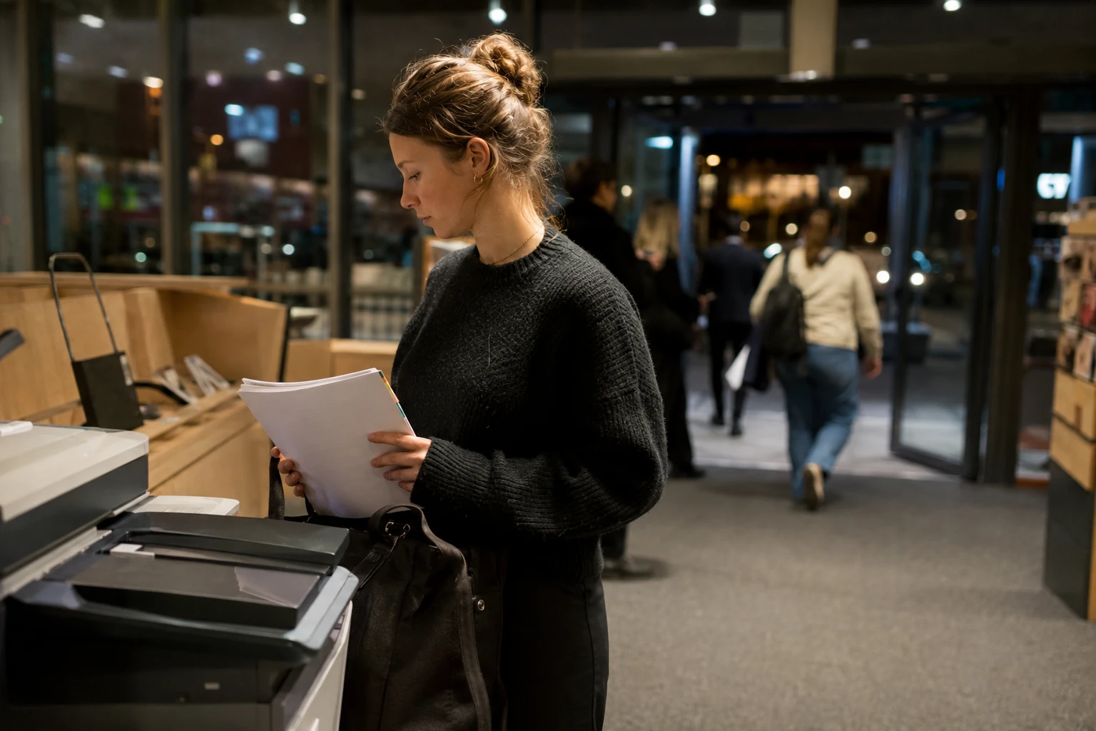 Studentin steht abends neben einem Drucker im Ausgangsbereich der Bibliothek und betrachtet nachdenklich die ausgedruckten Seiten ihrer Arbeit, hinter ihr Glastüren und gehende Personen.