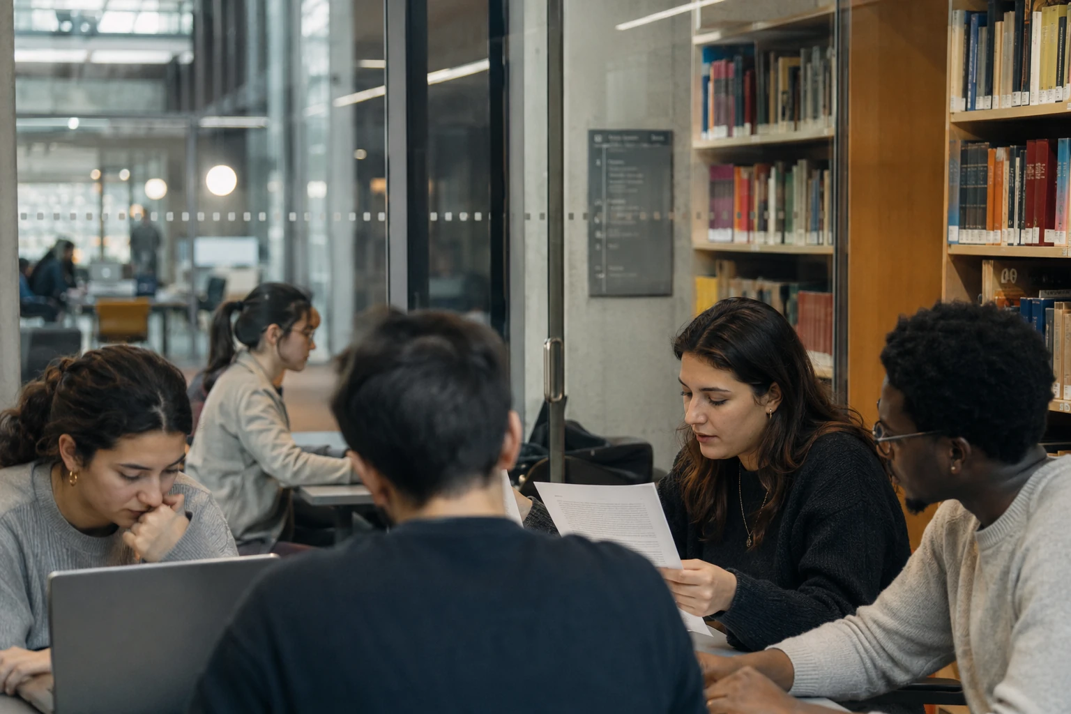 Diverse Studierende an einem Bibliothekstisch, eine Studentin liest konzentriert einen ausgedruckten deutschen Text, daneben eine Kommilitonin am Laptop, im Hintergrund Bücherregale und Glaswände.