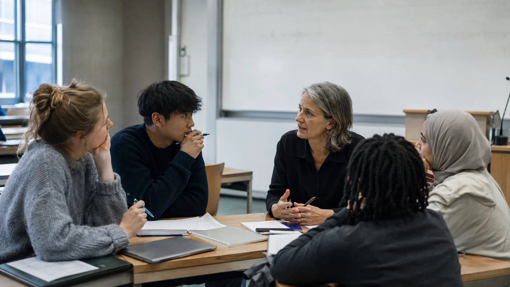 Studierende und eine Lehrende sitzen im Seminarraum an Tischen und besprechen mit Notizen und Unterlagen das wissenschaftliche Arbeiten.