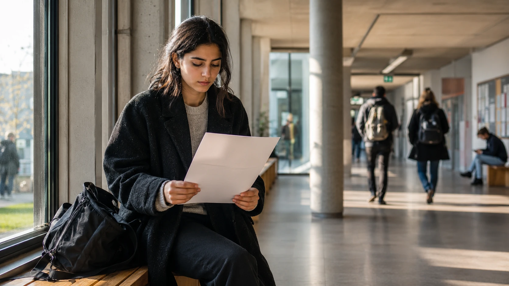 Studentin liest mit ernstem, ruhigem Blick ein einzelnes Schreiben auf einer Bank am Fenster eines hellen Universitätsflurs, neben ihr ein Rucksack, im Hintergrund unscharf vorbeigehende Studierende.