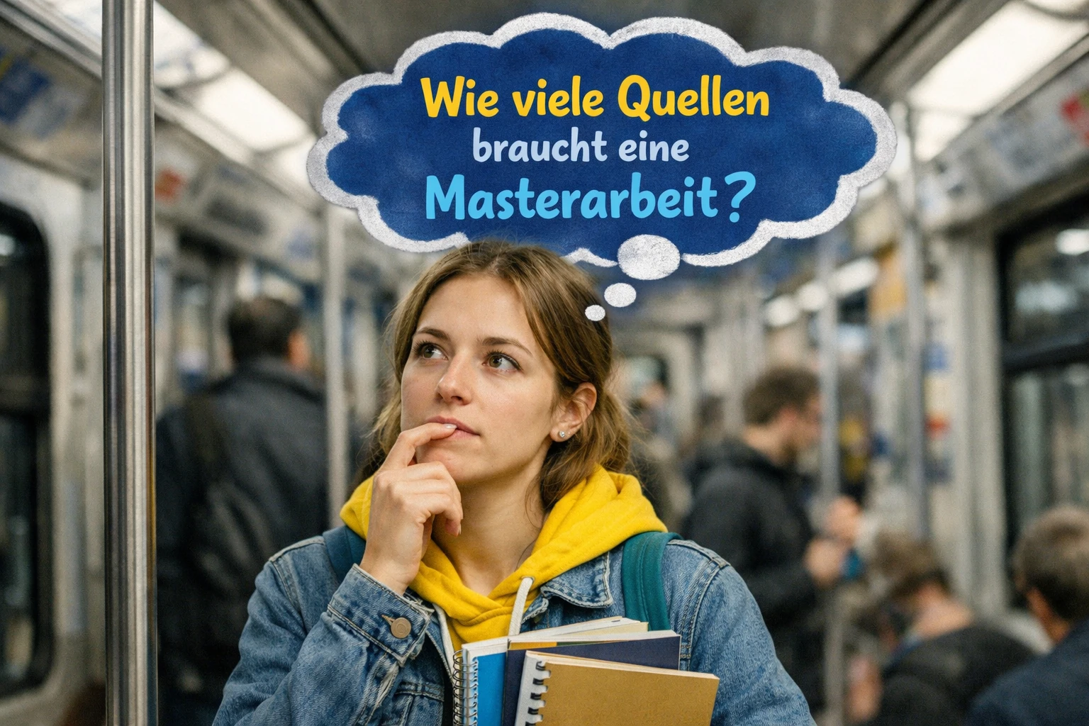 Studentin steht in der U-Bahn und grübelt, Gedankenblase mit der Frage: Wie viele Quellen braucht eine Masterarbeit?