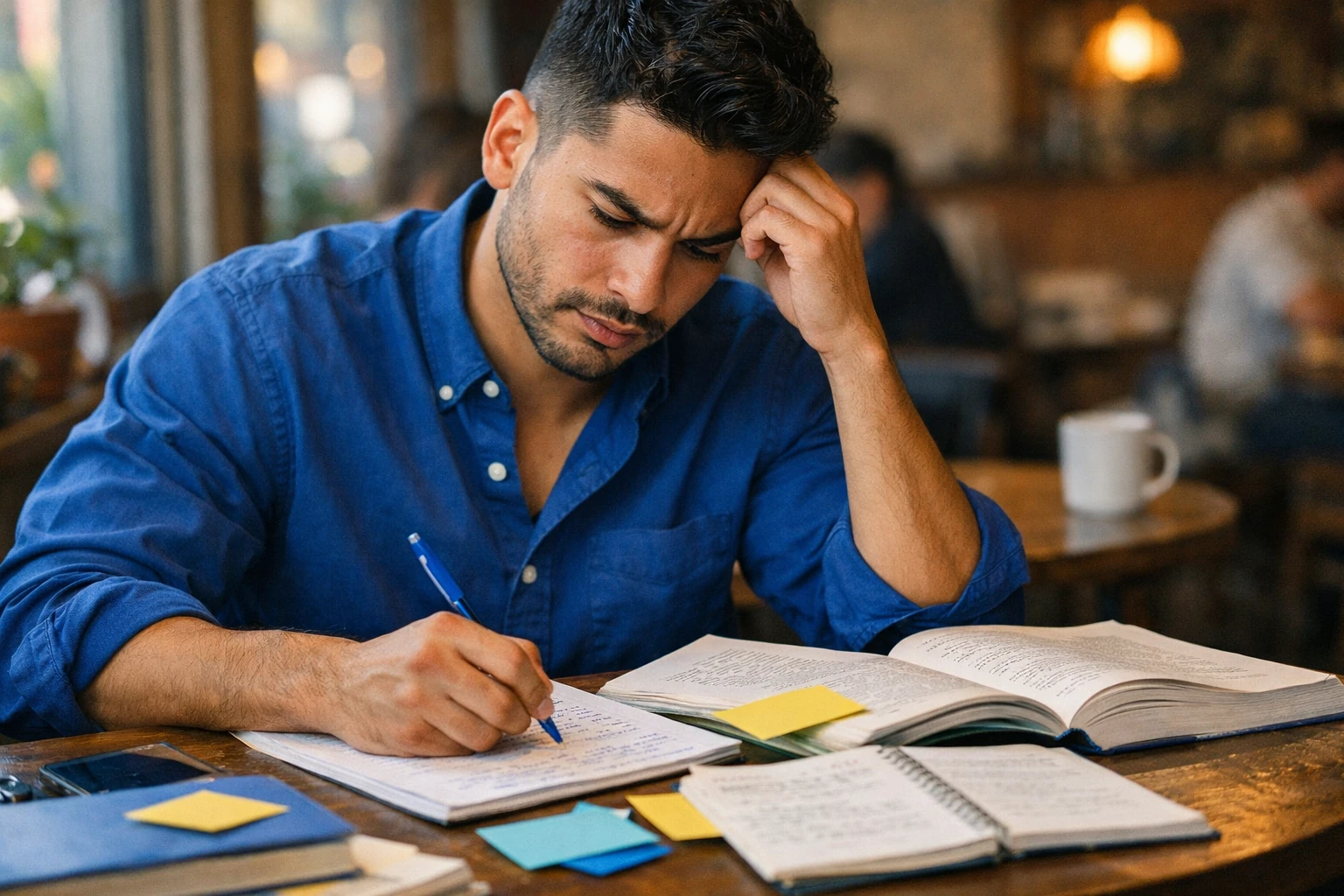 Student arbeitet konzentriert an seiner Masterarbeit im Café, Laptop und Fachbücher auf dem Tisch