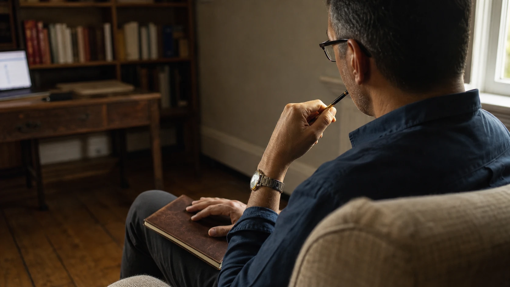 Akademischer Mentor Anfang vierzig im aufrechten Sitz im worn oat-linen Sessel am hohen Sprossenfenster, von hinten leicht von rechts aufgenommen — sichtbar nur Hinterkopf, rechtes Ohr, Wange und ein lit Sliver von Kiefer und Unterlippe. Rechte Hand hält locker einen Graphit-Stift, dessen Schaft an der Unterlippe ruht in der unbewussten Geste konzentrierten Nachdenkens. Linke Hand auf einem geschlossenen Lederbuch im Schoß. Wer fair bezahlt wird, hat Zeit zu denken statt Massenproduktion zu liefern.