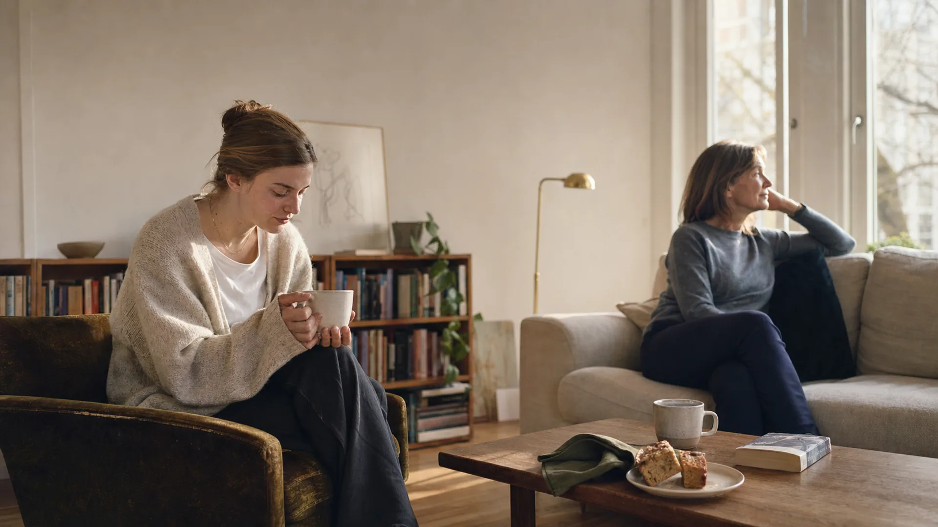 Junge Frau und ihre Mutter beim sonntäglichen Tee im Altbau-Wohnzimmer, warmes Herbstmorgen-Licht durchs Sprossenfenster, ruhiger Moment der Verbundenheit