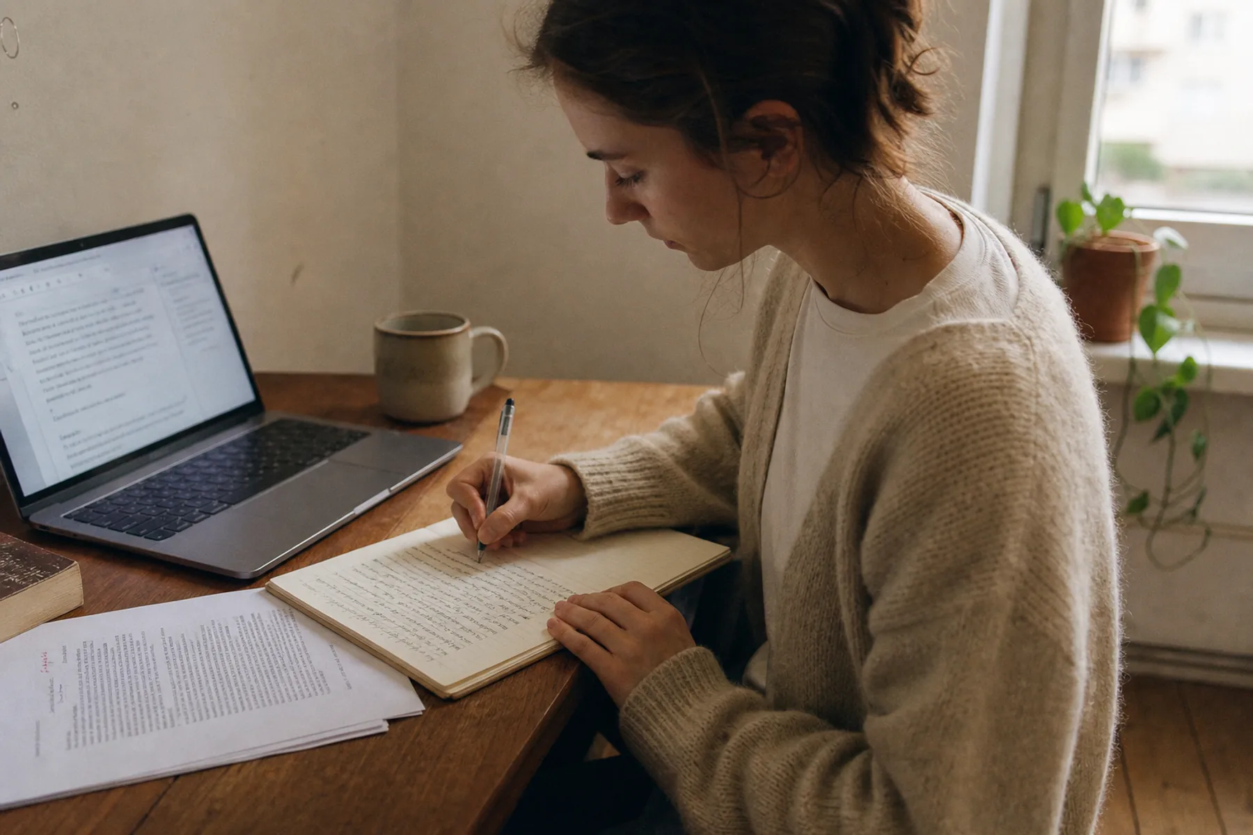 Junge Person Mitte zwanzig sitzt am eigenen Schreibtisch in ordinärer Wohnung, mid-action im eigenen Notizbuch handschriftlich schreibend — daneben Laptop (akademisches Tool) und ausgedruckte Mustervorlage mit Margin-Notes, alle drei Resource-Typen am selben Tisch. Der Studi schreibt seine eigene Arbeit; die Werkzeuge dienen ihm.