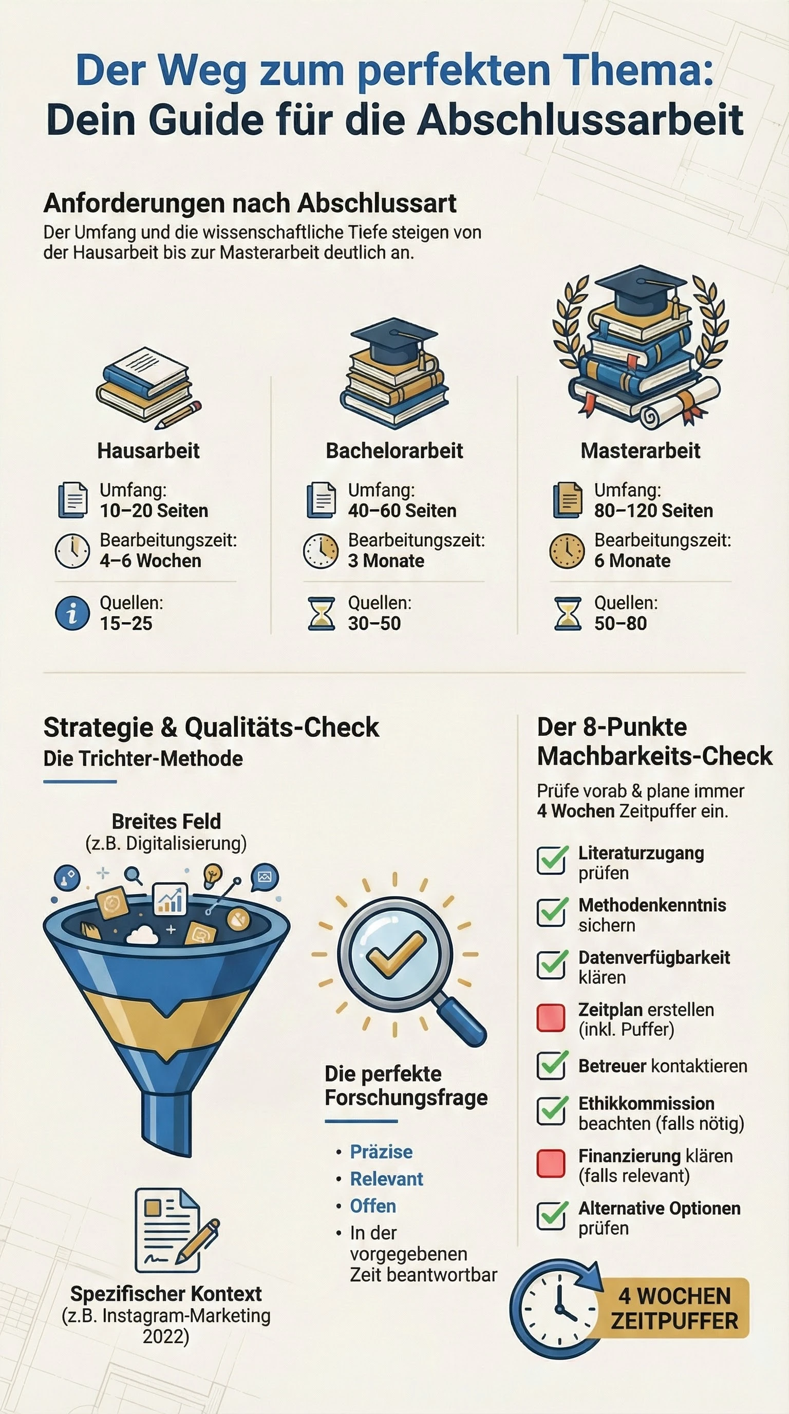 Infografik Themenfindung: 4-Schritte-Plan von der Idee zur Forschungsfrage, mit Trichter-Methode, Machbarkeits-Check und Zeitmanagement-Tipps