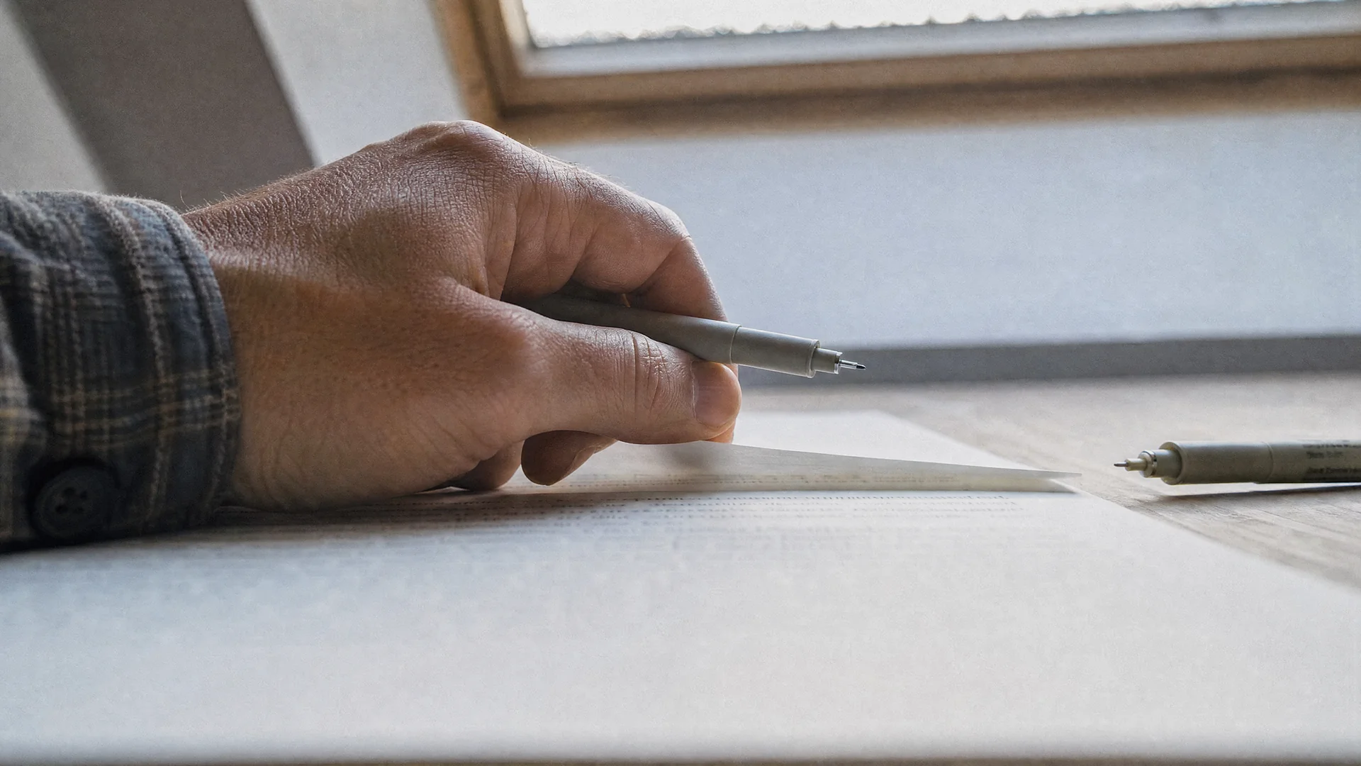 Hand eines Korrektors unter einer Dachschräge zieht eine weiße Abdeckkarte um eine Zeile zurück, sodass ein schmaler Streifen der vorigen Zeile wieder frei liegt, ein Fineliner steckt zwischen den Fingern.