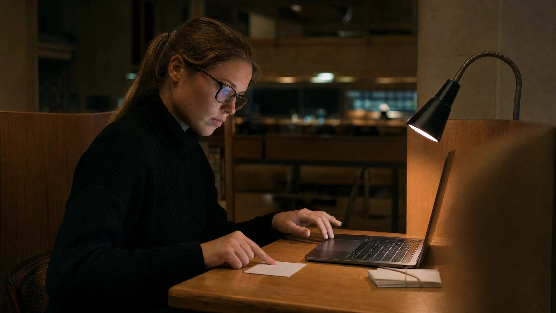 Studentin in einer Lesesaalkabine hält eine Karteikarte mit der leeren Rückseite nach oben flach auf der Holzplatte fest, ihre andere Hand steht über dem Trackpad still, der Laptop steht exakt seitlich.