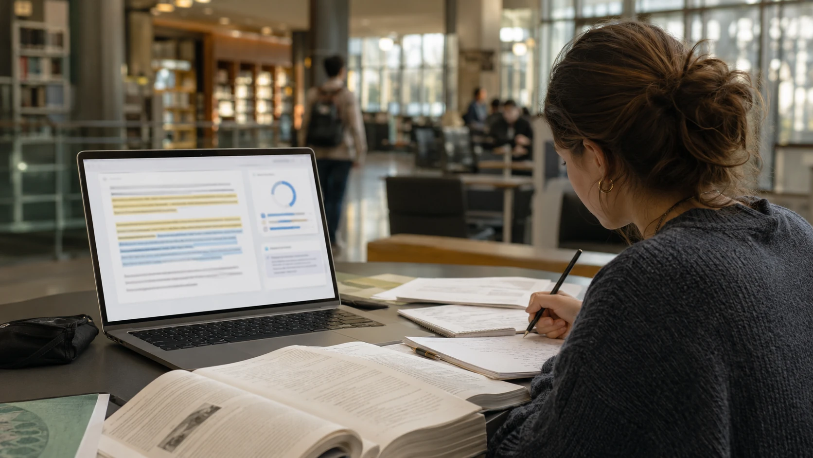 Studentin arbeitet in der Bibliothek an ihrem Text, der Laptop zeigt einen KI-Detektor-Report mit satzweise markierten Zeilen