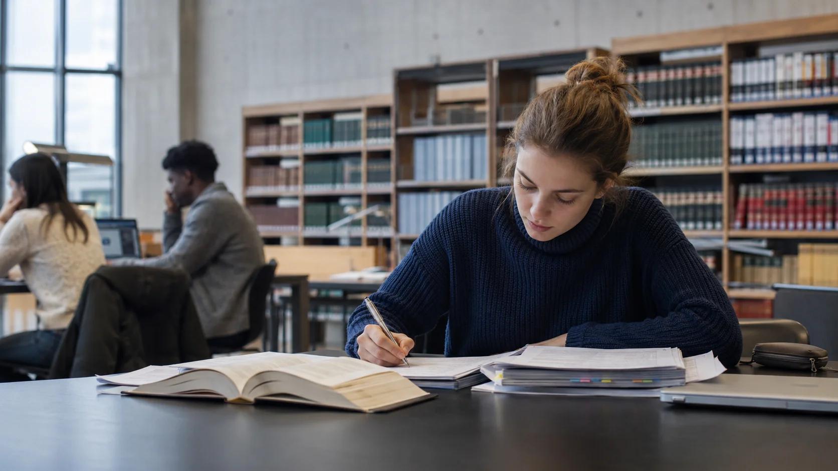 Studentin strukturiert ihre Hausarbeit mit Büchern und Notizen im Lesesaal einer Universitätsbibliothek
