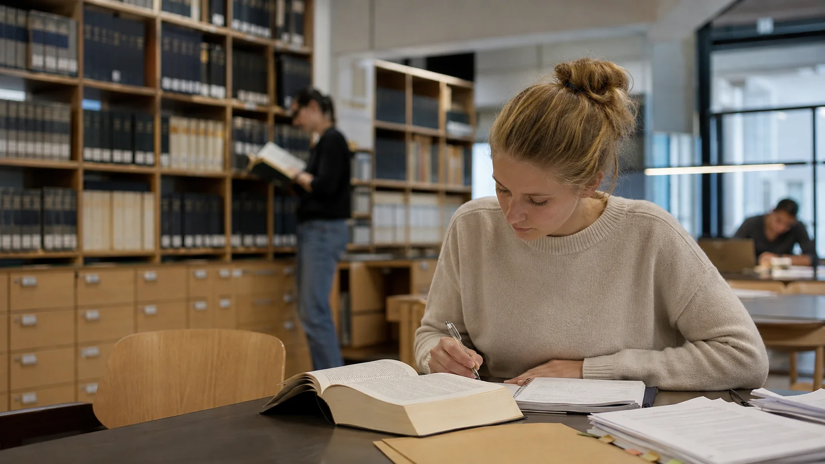 Studentin schreibt an einer juristischen Hausarbeit, mit aufgeschlagenem Kommentar und Notizen in einer juristischen Bibliothek