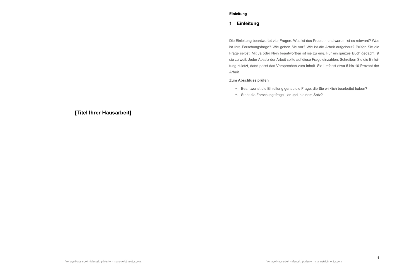 Vorschau der Hausarbeit-Vorlage: Deckblatt und Einleitung mit Tipp und Checkliste